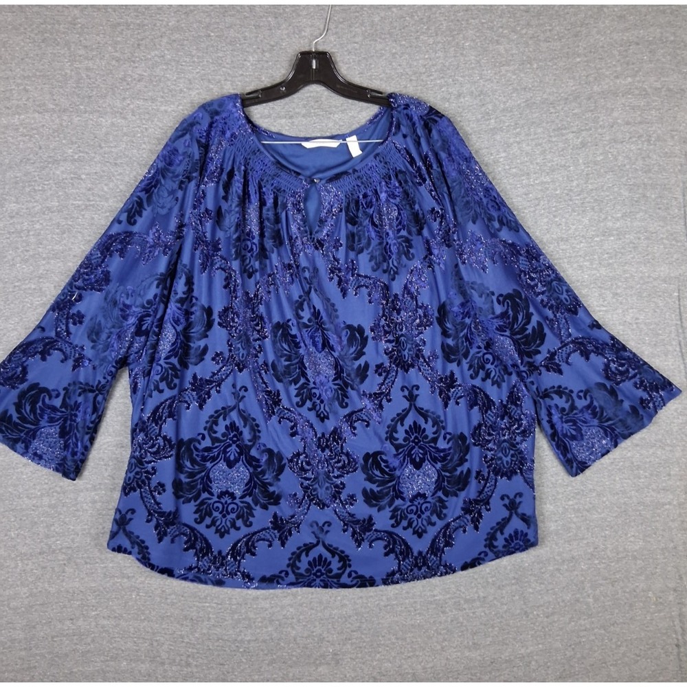 Isaac Mizrahi‎ Womens Shirt 3X Dark Blue Velvet Floral Dark Feminine Whimsy Goth